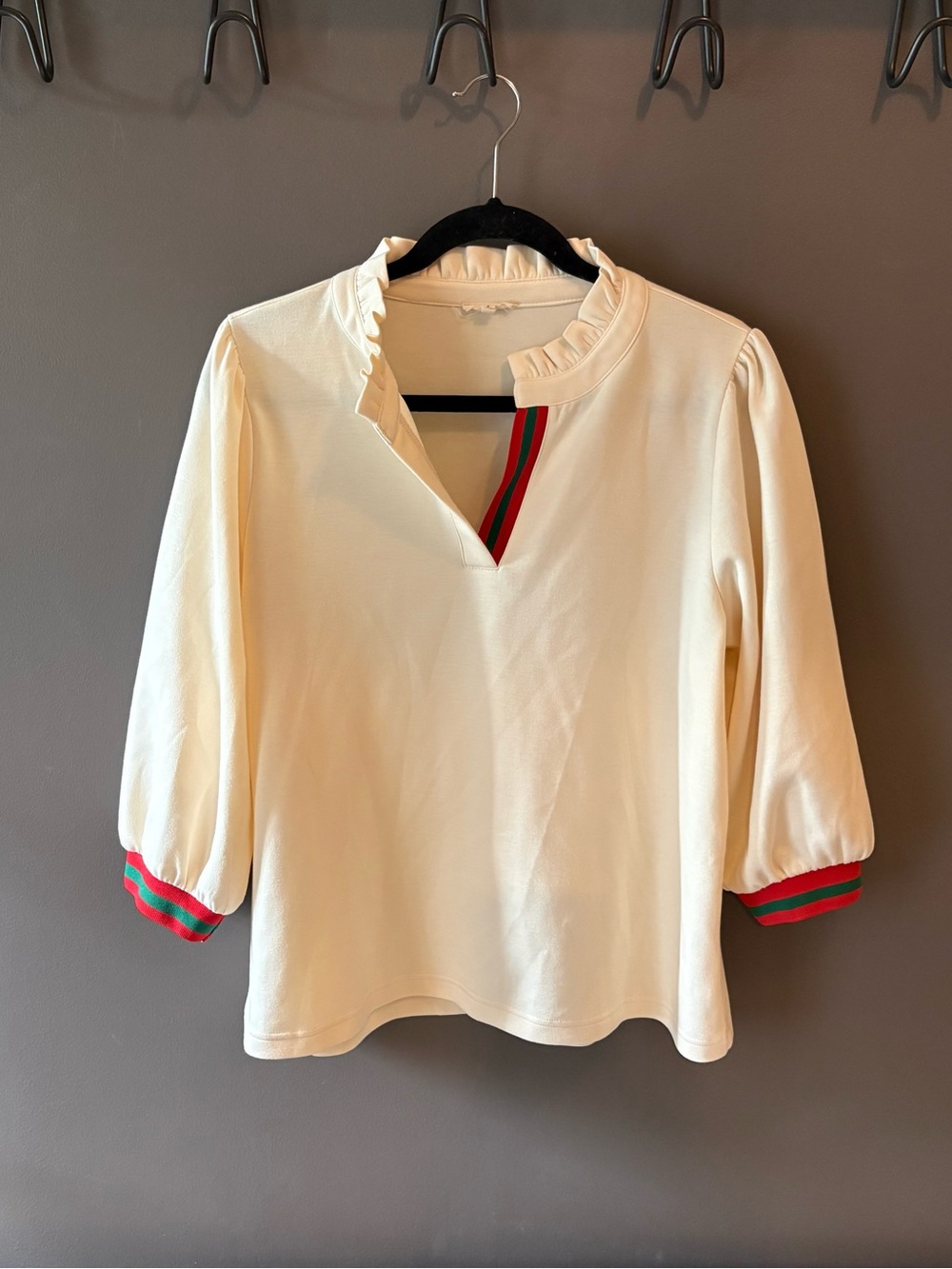 JODIFL Cream Ruffle-Neck Women's Top with Red-Green Trim - Small